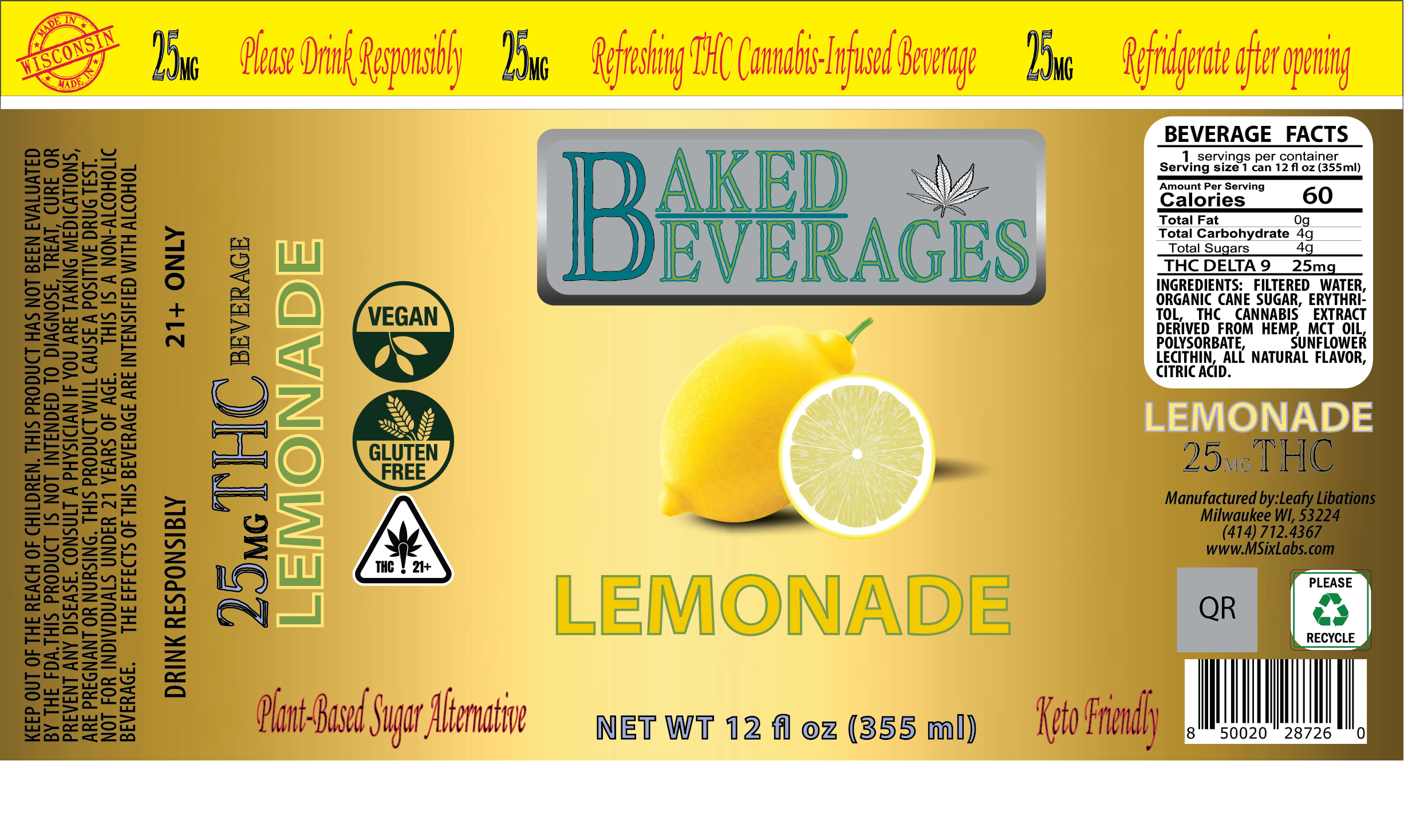 25mg THC Lemonade / 12oz can || Baked Beverages